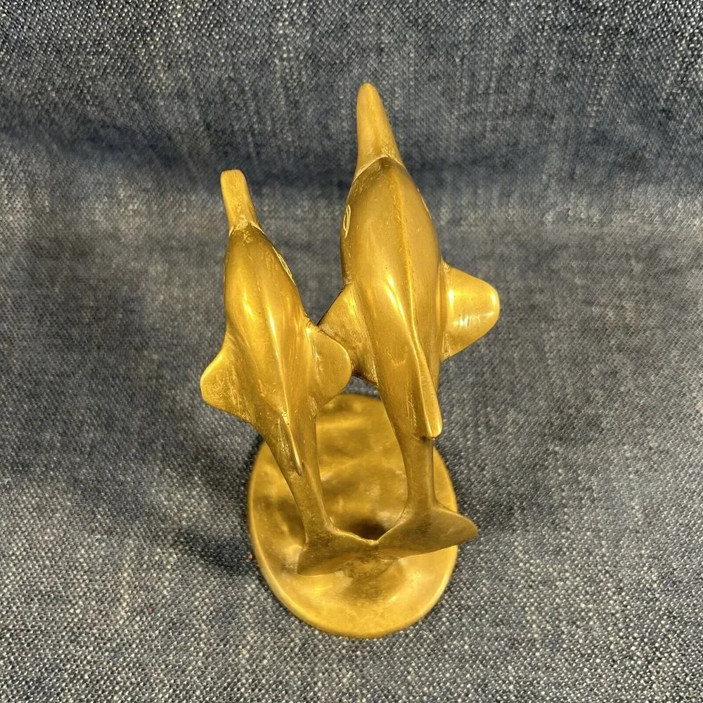 VTG brass dolphin pair leaping figure sculpture paperweight 5.5”